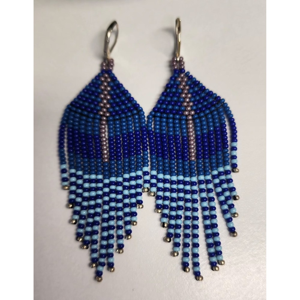 Ombre Blue Seed Bead Fringe Earrings Boho Shimmer Dangle.